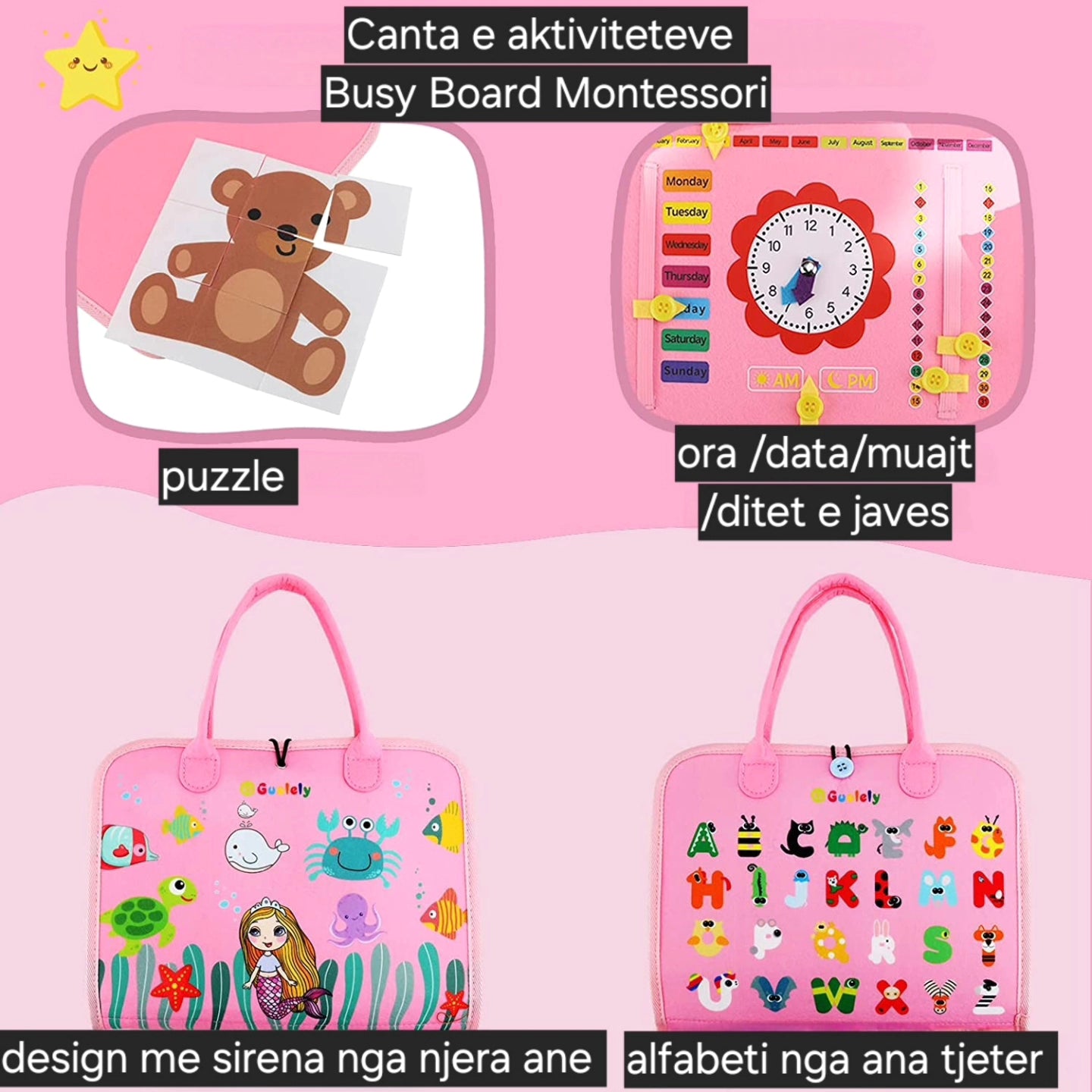 Busy Board Montessori rozë, çantë me aktivitete për fëmijë, foto 14