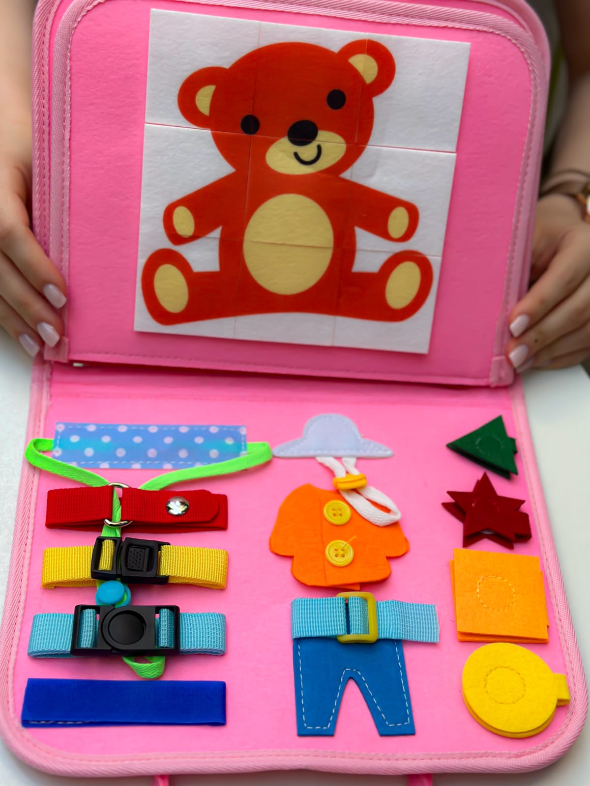 Busy Board Montessori rozë, çantë me aktivitete për fëmijë, foto 19