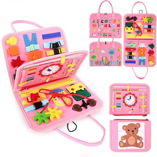 Canta e Aktiviteteve Busy Board Montessori - Roze