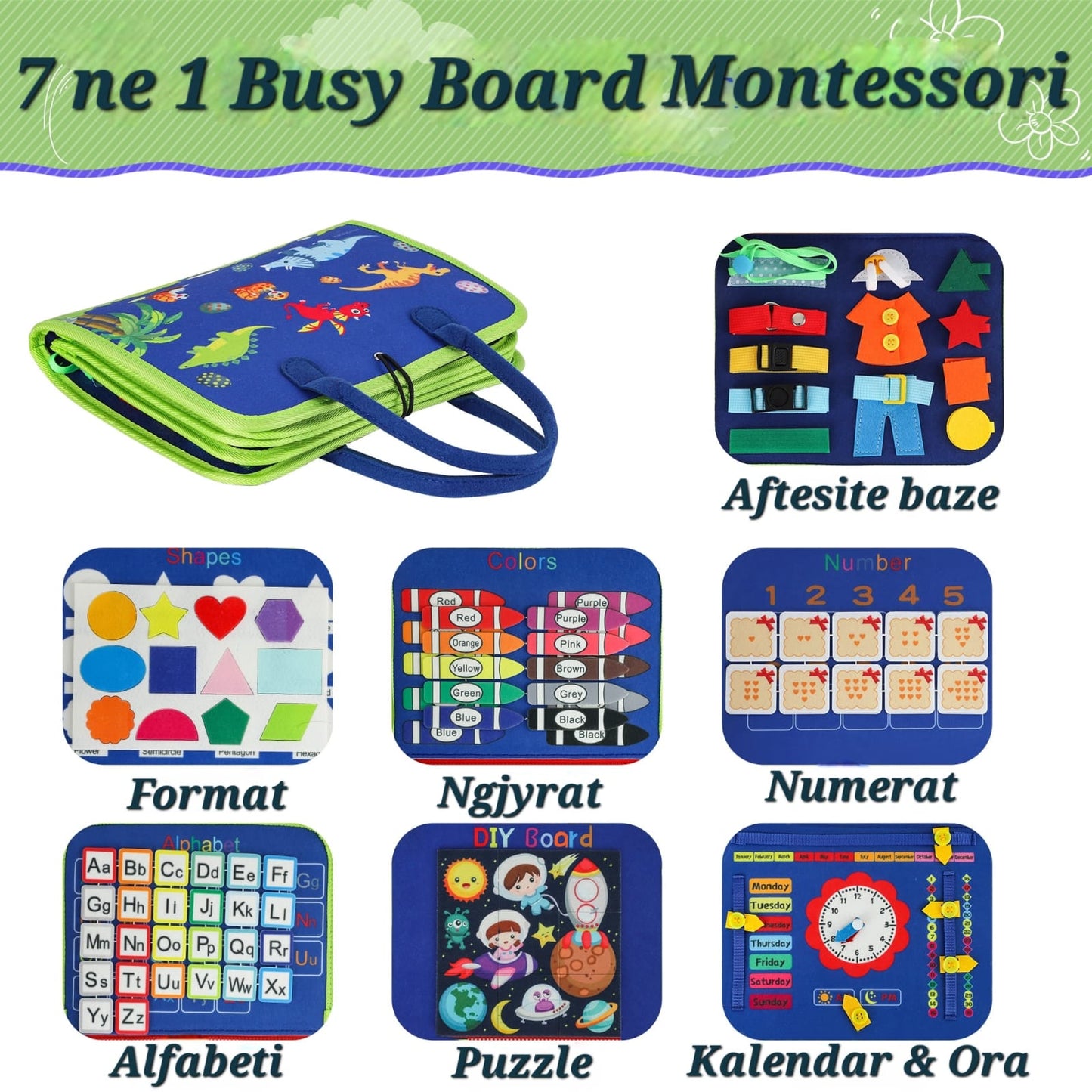 7 ne 1 Canta e Aktiviteteve Busy Board Montessori